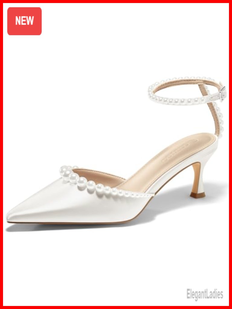 Women's Pearl Kitten Heels Closed Pointed Toe Wedding Dress Shoes Ankle Strap